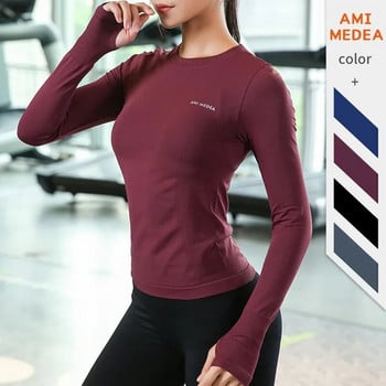 Γυναικεία μακρυμάνικα μπλουζάκια γιόγκα για τρέξιμο T-shirt Γυμναστήριο Γυμναστήριο Κορυφαία προπόνηση Crop Top Solidcolor лонгслив женский