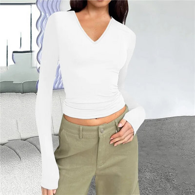 Tavaszi sport elegáns női póló Új, minimalista, kifinomult Vintage Basic All Match egyszínű, vékony, hosszú ujjú, V nyakú felső