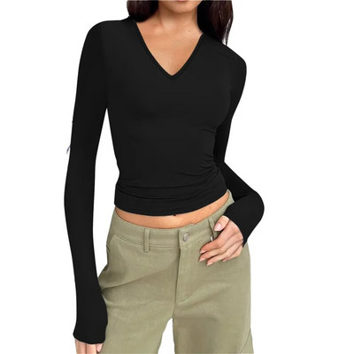 Pavasara sporta šiks T-krekls sievietēm Jauns minimālistisks izsmalcināts Vintage Basic All Match vienkrāsains plāns ar garām piedurknēm ar V kakla izgriezumu