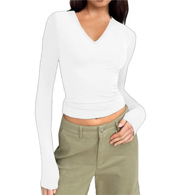 Pavasara sporta šiks T-krekls sievietēm Jauns minimālistisks izsmalcināts Vintage Basic All Match vienkrāsains plāns ar garām piedurknēm ar V kakla izgriezumu