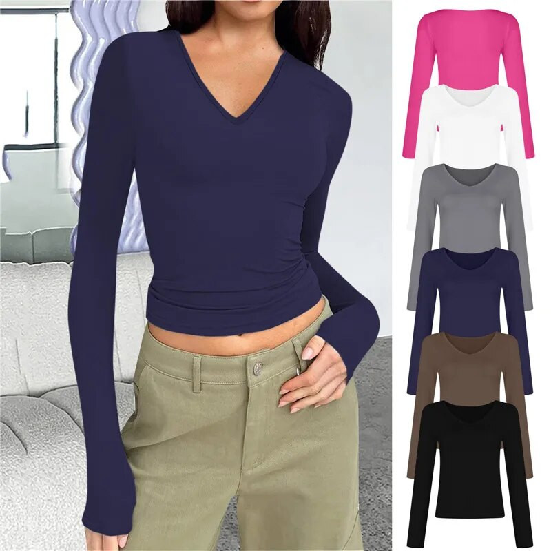 Pavasara sporta šiks T-krekls sievietēm Jauns minimālistisks izsmalcināts Vintage Basic All Match vienkrāsains plāns ar garām piedurknēm ar V kakla izgriezumu