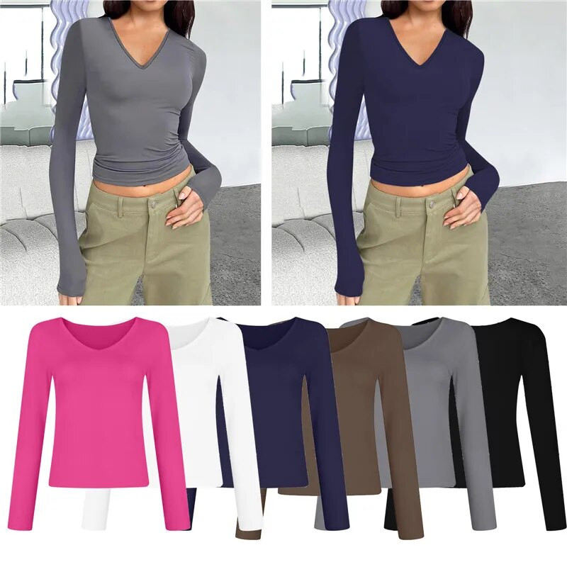 Pavasara sporta šiks T-krekls sievietēm Jauns minimālistisks izsmalcināts Vintage Basic All Match vienkrāsains plāns ar garām piedurknēm ar V kakla izgriezumu