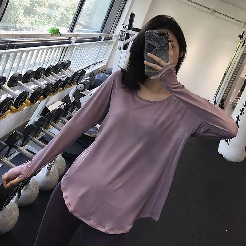 Бързосъхнеща фитнес тениска Дамска широка блуза за бягане С дълъг ръкав Йога Спортно облекло Дишащо горнище за активни дрехи