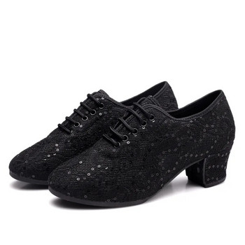 XIHAHA Дамски обувки за латиноамерикански танци от дантелен плат, Дамски обувки за възрастни на висок ток Квадратни обувки за социални танци Спортни дишащи обувки Дамски