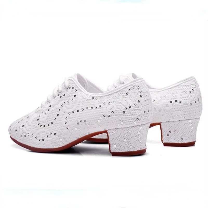 XIHAHA Dámske čipkované latinskoamerické tanečné topánky pre dospelých, štvorcové spoločenské tanečné topánky, športové priedušné topánky
