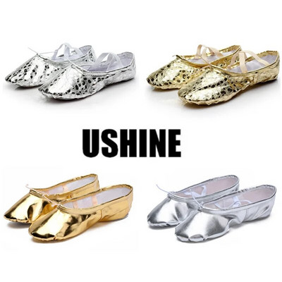USHINE quality golden silver PU  performance yoga belly dance shoes soft sole gym ballet dance shoes children girls woman