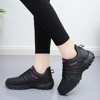 Μαύρα PU δερμάτινα πάνινα παπούτσια για γυναικεία παπούτσια για τρέξιμο Αντιολισθητικά τένις Μαλακή χοντρή σόλα Casual Light Sports ελαφρώς αδιάβροχη σχεδίαση