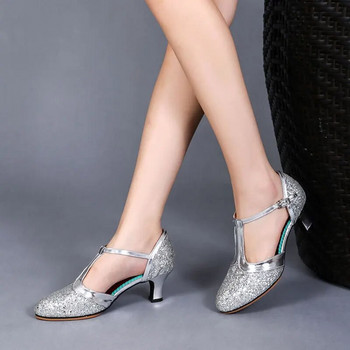 Обувки за салса танци Дамски обувки за латино танци Блестящи затворени пръсти Високи токчета 5,5 см Обувки за бални танци Танго Дамски сандали