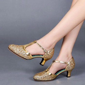 Обувки за салса танци Дамски обувки за латино танци Блестящи затворени пръсти Високи токчета 5,5 см Обувки за бални танци Танго Дамски сандали
