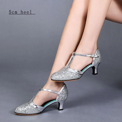 Pantofi de dans salsa femei pantofi de dans latino cu sclipici vârf închis Tocuri înalte 5,5 cm pantofi de dans tango de sala de dans sandale pentru femei