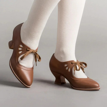 Нови европейски и американски обувки с вдлъбнатини на висок ток за жени Големи ежедневни обувки с връзки Дамски обувки Zapatos De Mujer2023
