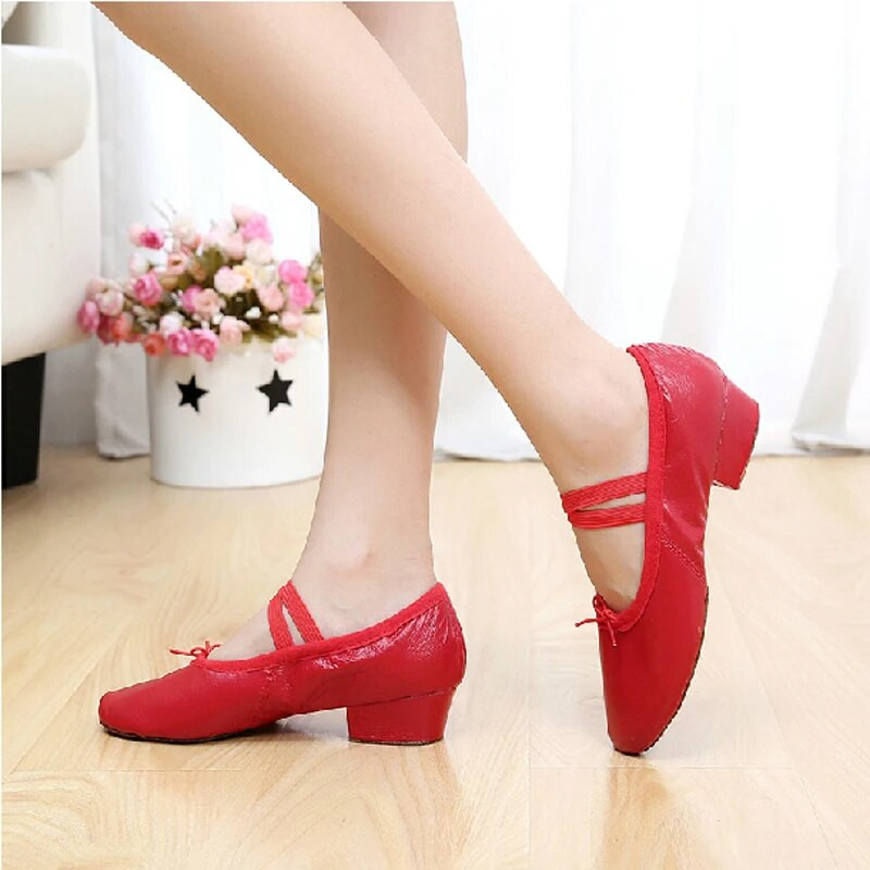 Uus saabumine naiste lõuendist nahast pehme põhjaga kandiline kontsaga tantsukingad Naiste balletitantsukingad 4 värvi