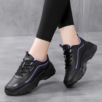 Черни кожени маратонки с дебела подметка за жени Голям размер 42 Модни дамски маратонки за бягане Висококачествени равни обувки Платформа за ходене лилаво