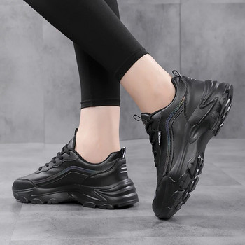 Μαύρα δερμάτινα αθλητικά παπούτσια με χοντρή σόλα για γυναίκες Μεγάλο μέγεθος 42 Μόδα Γυναικεία παπούτσια για τρέξιμο Υψηλής ποιότητας Flats πλατφόρμα περπατήματος Μωβ