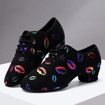 Обувки за танци на висок ток Маратонки за жени Обувки за бални латино танци Деца Възрастни Обувки за тренировки на ток 3/5 см Печат на устни