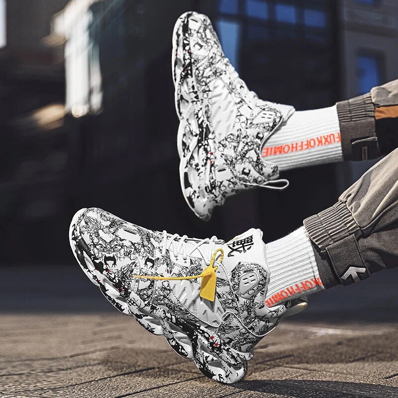 Pánske tenisky s vysokým pásom, jeseň/zima, pouličná móda, bežecké topánky s graffiti zvrškom, pohodlná ľahká pánska obuv