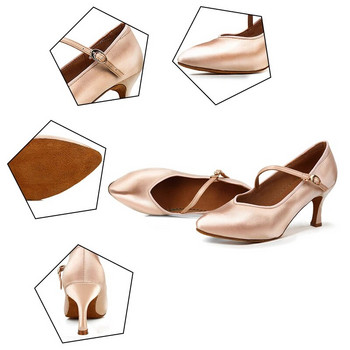 HROYL Обувки за модерни латино танци за момичета Дамски дамски обувки за бални танго танци Затворени пръсти Мека велурена подметка Копринен сатен
