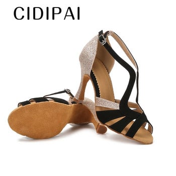 CIDIPAI Сатенени обувки за латино танци за жени Меко дъно Обувки за бални танци Дамски сандали Обувки за салса танци Ток 9 см