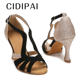 CIDIPAI Сатенени обувки за латино танци за жени Меко дъно Обувки за бални танци Дамски сандали Обувки за салса танци Ток 9 см
