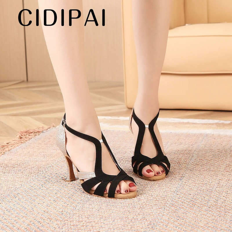 CIDIPAI Saténové latinskoamerické tanečné topánky pre ženy s mäkkým podpätkom, spoločenské tanečné topánky, dámske sandále, topánky na salsu, podpätok 9 cm