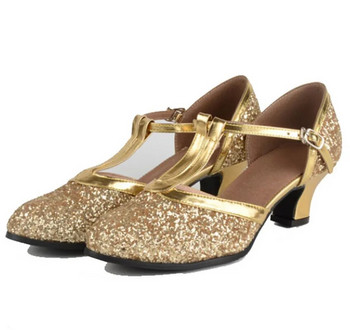 Обувки за модерни танци Дамски дамски обувки с пайети и затворени пръсти Танго обувки с T каишка Стандартни обувки за бални танци за валс Ниски токчета