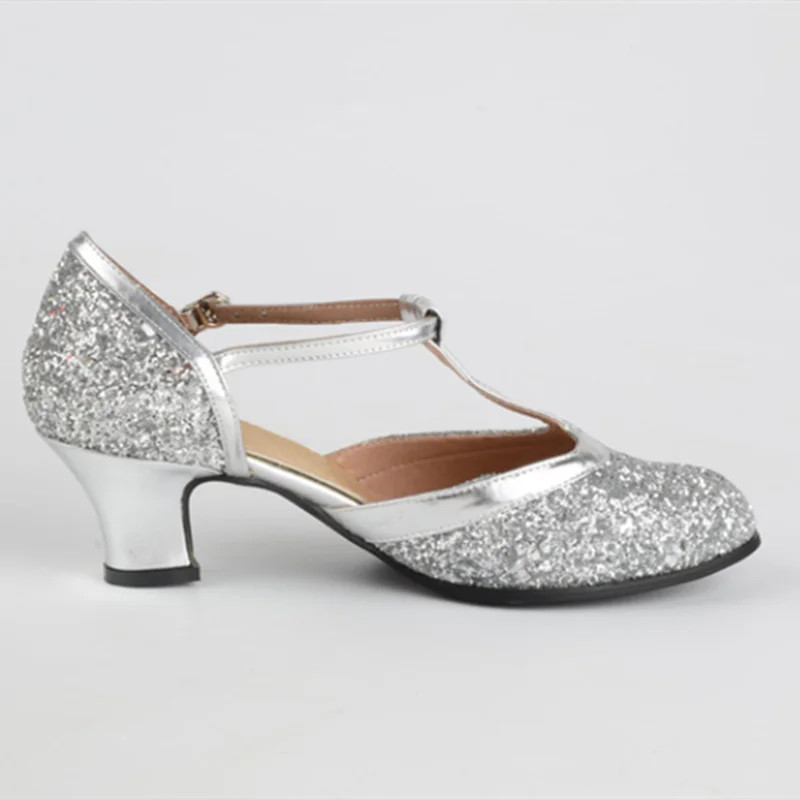 Dámske moderné tanečné topánky s flitrami a uzavretou špičkou, tango topánky s remienkom v tvare písmena T, štandardné valčíkové topánky na spoločenské tance s nízkym podpätkom