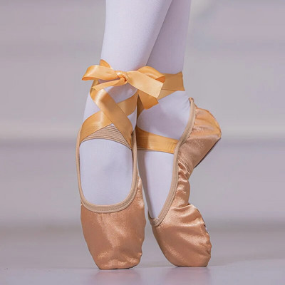 Balet din satin cu curele din panglică Deget rotund Yoga pentru interior Fete adulte, talpă moale, pantofi de balerină de dans