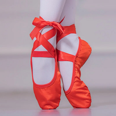 Balet din satin cu curele din panglică Deget rotund Yoga pentru interior Fete adulte, talpă moale, pantofi de balerină de dans