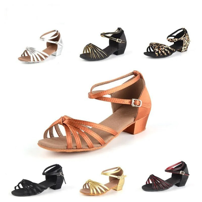 Nové dievčenské detské/detské tanečné topánky na spoločenské tango, salsu, latino tance, dámske zlato-strieborné, čierne, leopardie, nízky podpätok 3,5 cm