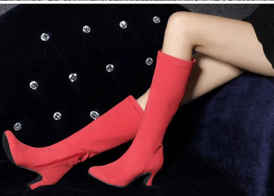 PU-nahast ülemine lehma seemisnahast tald üle põlve Saapad Naiste terava ninaga elastne veniv paks konts 5 cm kõrged ratsasaapad tantsukingad