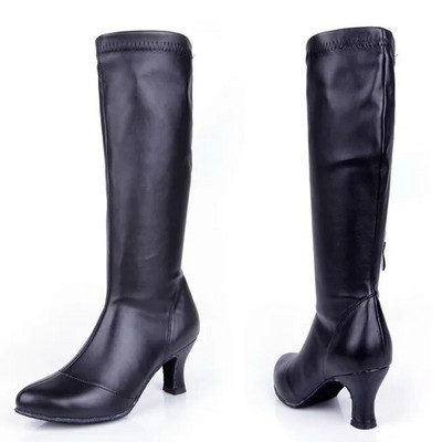 PU-nahast ülemine lehma seemisnahast tald üle põlve Saapad Naiste terava ninaga elastne veniv paks konts 5 cm kõrged ratsasaapad tantsukingad