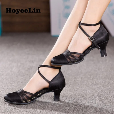 HoYeeLin Dance Shoes for Sale Women Ladies Ballroom Party Tango Waltz Satin Dancing Shoes Heeled 5.5cm Black