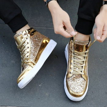 Hot Fashion Golden Shiny Mirrors Mens Shoes Casual Club Bar Glitter Streetwear Хип-хоп Високи мъжки маратонки zapatos de hombre