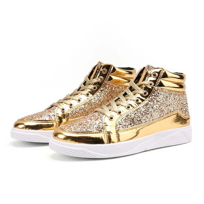 Hot Fashion Golden Shiny Mirrors Mens Shoes Casual Club Bar Glitter Streetwear Хип-хоп Високи мъжки маратонки zapatos de hombre