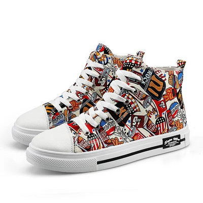 Pantofi sport din pânză imprimate cu graffiti de înaltă, pantofi de sport pentru femei, cuplu hip hop, pantofi bărbați pantofi grosi din pânză, espadrile pentru femei