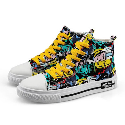 Pantofi sport din pânză imprimate cu graffiti de înaltă, pantofi de sport pentru femei, cuplu hip hop, pantofi bărbați pantofi grosi din pânză, espadrile pentru femei