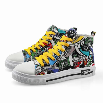 Pantofi sport din pânză imprimate cu graffiti de înaltă, pantofi de sport pentru femei, cuplu hip hop, pantofi bărbați pantofi grosi din pânză, espadrile pentru femei