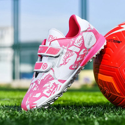 Fashion Pink Children`s Cheap Football Shoes Hook and Loop Boys Girls Training Soccer Cleats Kids Soccer Shoes Futsal Sneakers