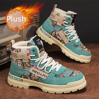 Plush Men`s Skateboarding Shoes Fashion Graffiti Motorcycle Boots High Top Cotton Shoes Trendy Outdoor Sneakers Winter