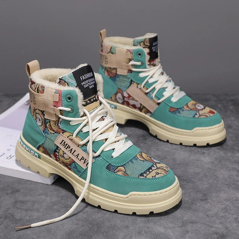 Pehmed meeste rulakingad Mood Graffiti Mootorrattasaapad Kõrge ülaosaga puuvillased kingad Trendikad välistossud Talv