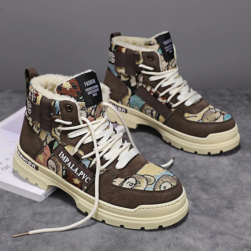 Pehmed meeste rulakingad Mood Graffiti Mootorrattasaapad Kõrge ülaosaga puuvillased kingad Trendikad välistossud Talv