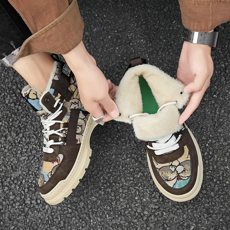 Pehmed meeste rulakingad Mood Graffiti Mootorrattasaapad Kõrge ülaosaga puuvillased kingad Trendikad välistossud Talv