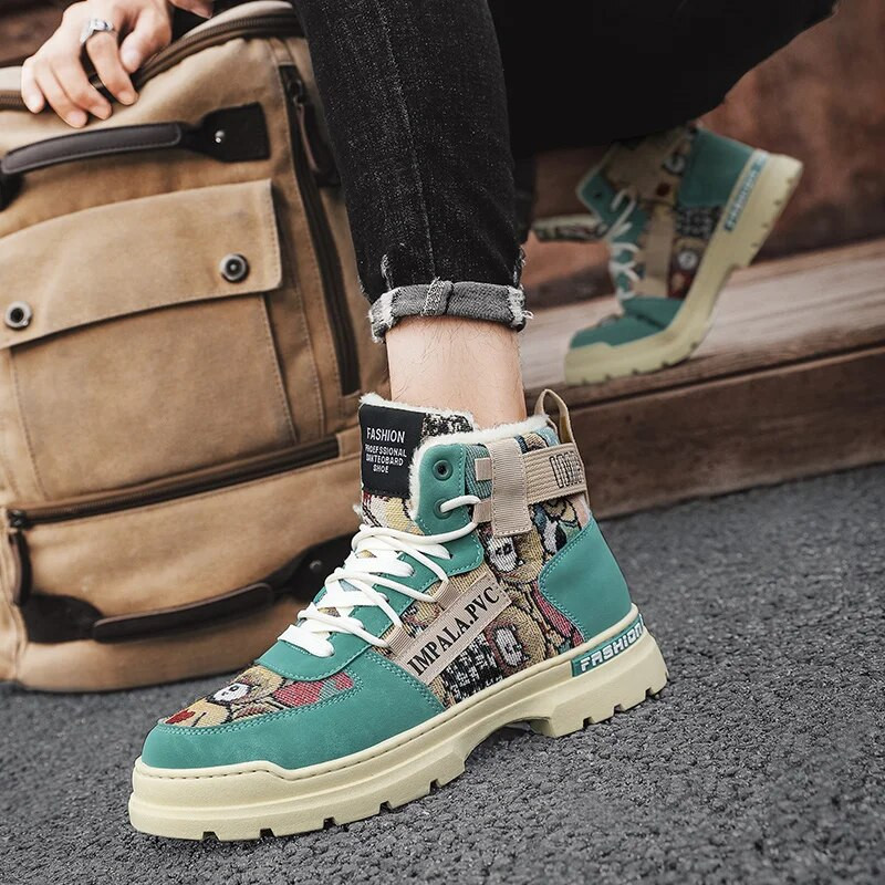 Pehmed meeste rulakingad Mood Graffiti Mootorrattasaapad Kõrge ülaosaga puuvillased kingad Trendikad välistossud Talv