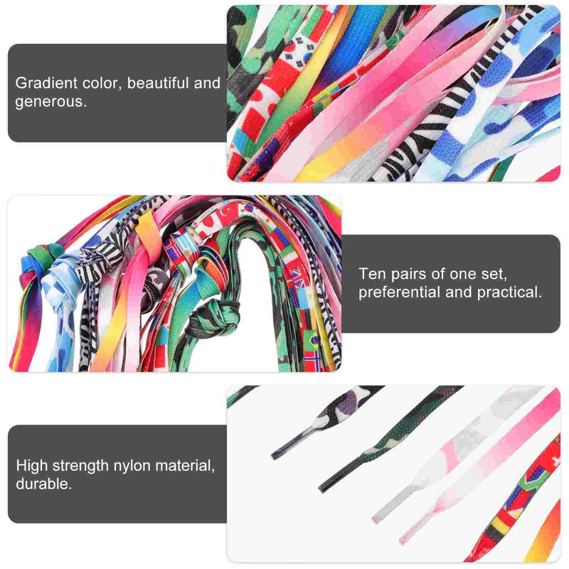 10 paari mitmeotstarbelised gradientvärviga kingapaelad Dekoratiivsed lamedad kingapaelad