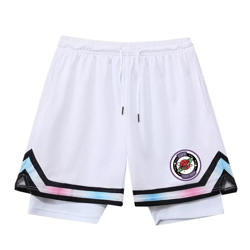 Falși doi pantaloni scurți de baschet americani largi, anti-ușoare, bărbați, femei, pantaloni cu minge, antrenament de vară, sport, alergare, pantaloni în cinci puncte