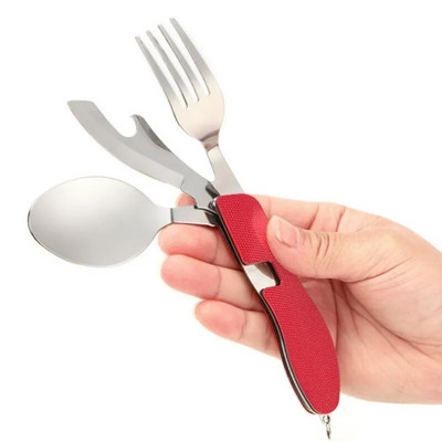 Roostevabast terasest 4-ühes kokkupandav laualusikakomplekt lusika nuga kahvliga pudeliavaja Kokkupandav taskukomplektid välilauanõude komplekt