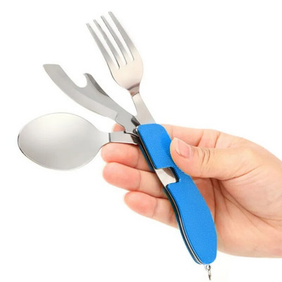 Roostevabast terasest 4-ühes kokkupandav laualusikakomplekt lusika nuga kahvliga pudeliavaja Kokkupandav taskukomplektid välilauanõude komplekt