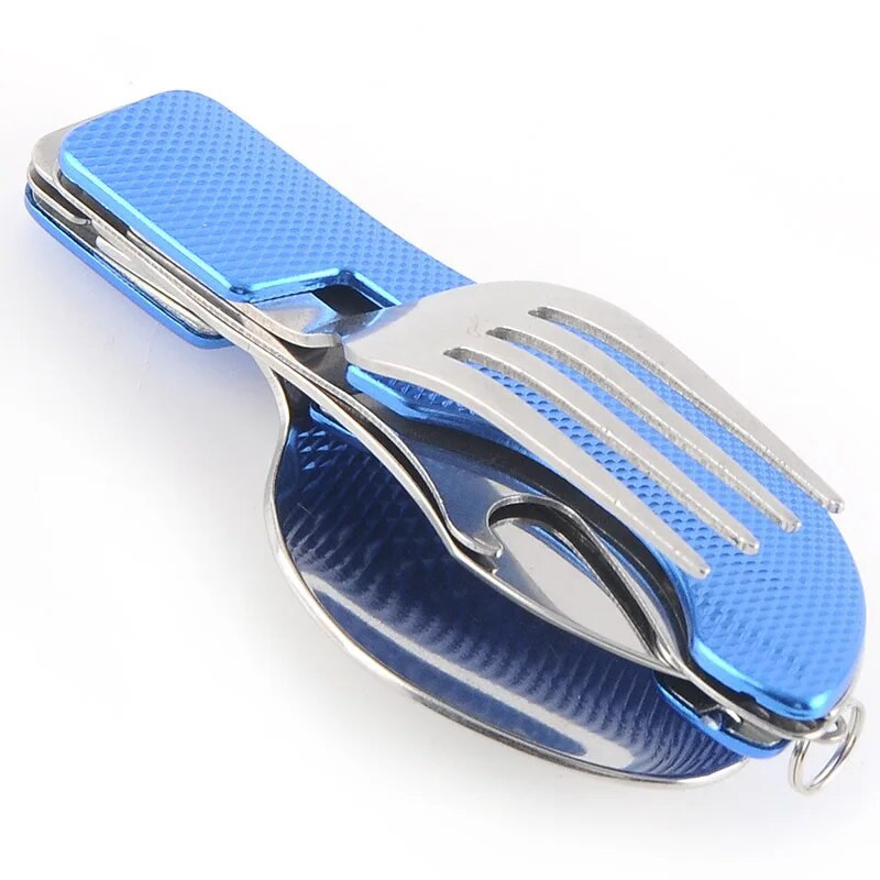 Roostevabast terasest 4-ühes kokkupandav laualusikakomplekt lusika nuga kahvliga pudeliavaja Kokkupandav taskukomplektid välilauanõude komplekt