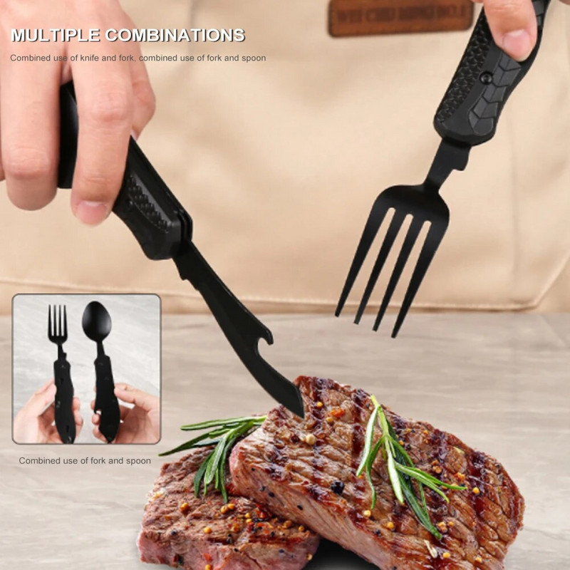 4 u 1 višenamjenski alat Pribor za kampiranje na otvorenom Prijenosni sklopivi žlica od nehrđajućeg čelika Vilica Nož Otvarač za boce Kombinirani set Pribor za jelo