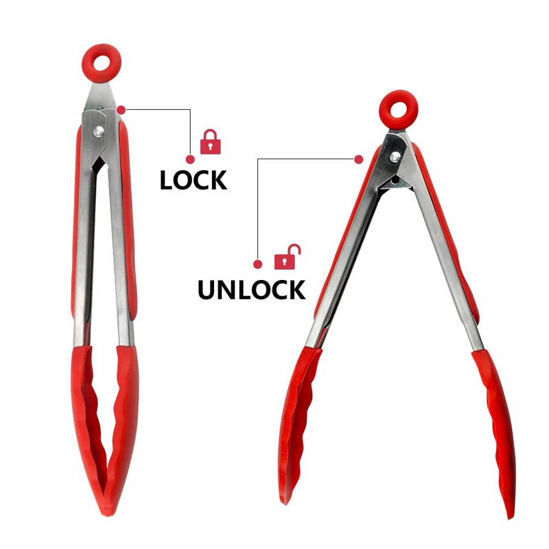 Silikónové kliešte na grilovanie, kuchynské náčinie z nehrdzavejúcej ocele s nepriľnavým povrchom, kliešte na grilovanie s kĺbovým zámkom, kuchynské príslušenstvo